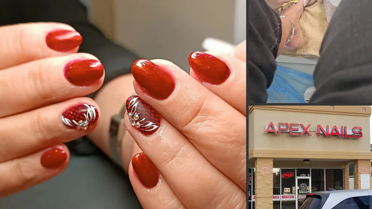 Close-up of polished nails and a hand massage